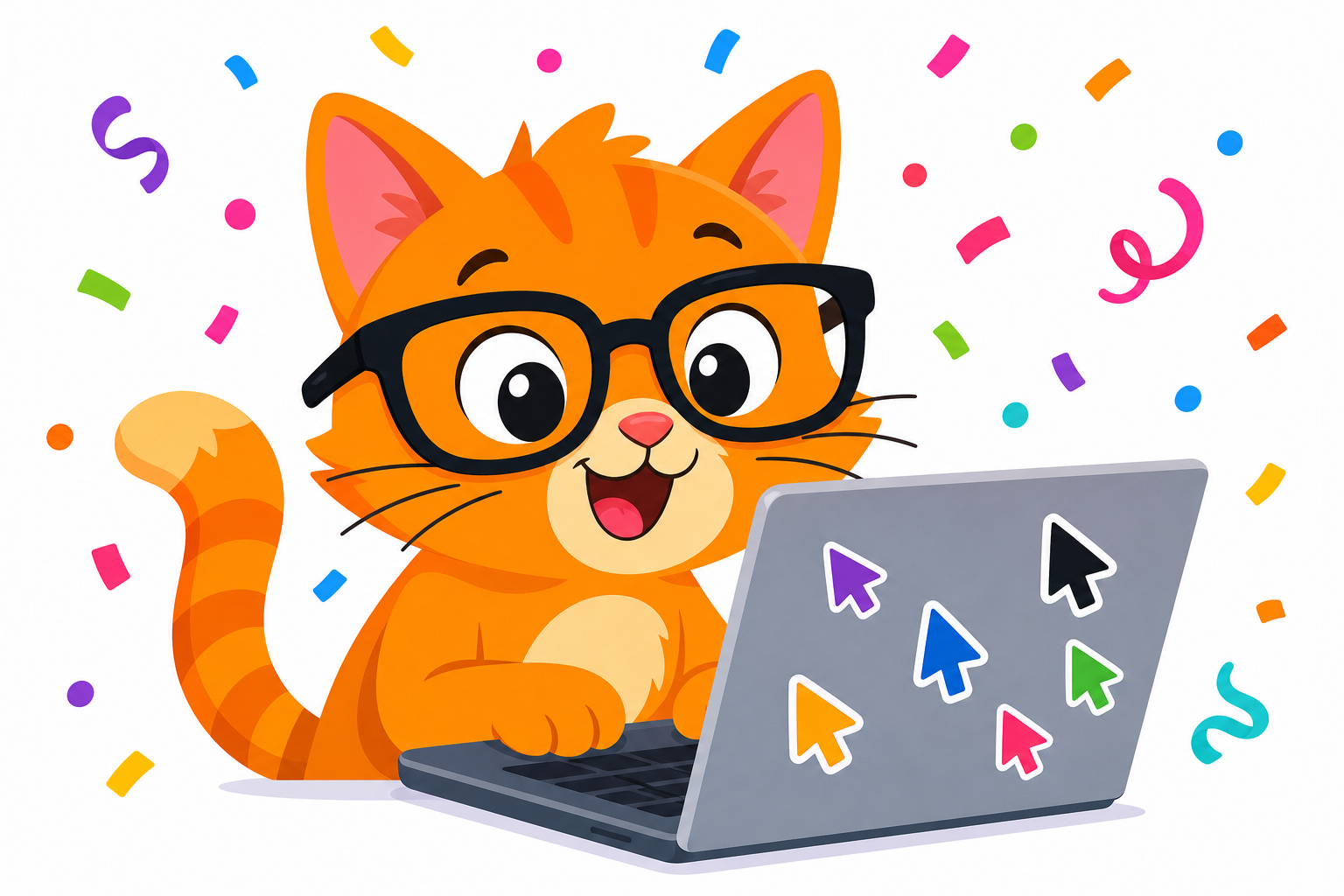 A cartoon cat wearing coding glasses while using a laptop